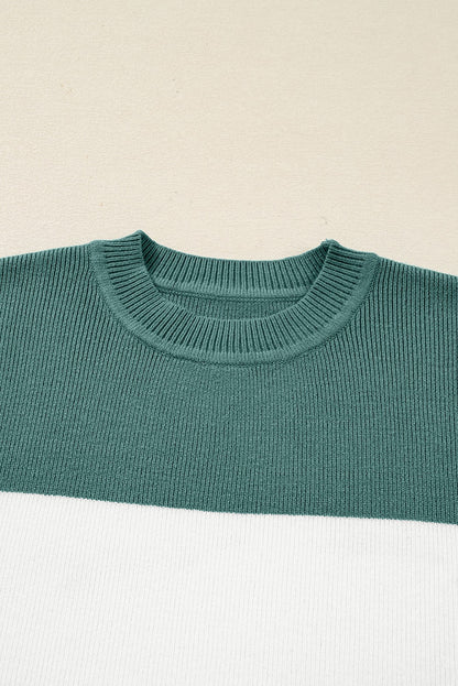 Green Color Block Ribbed Baggy Sweater