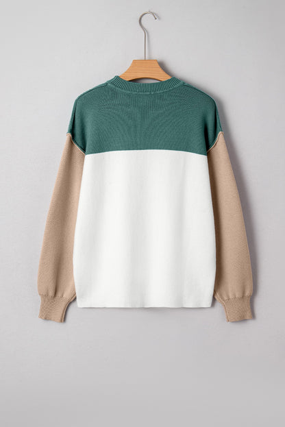 Green Color Block Ribbed Baggy Sweater