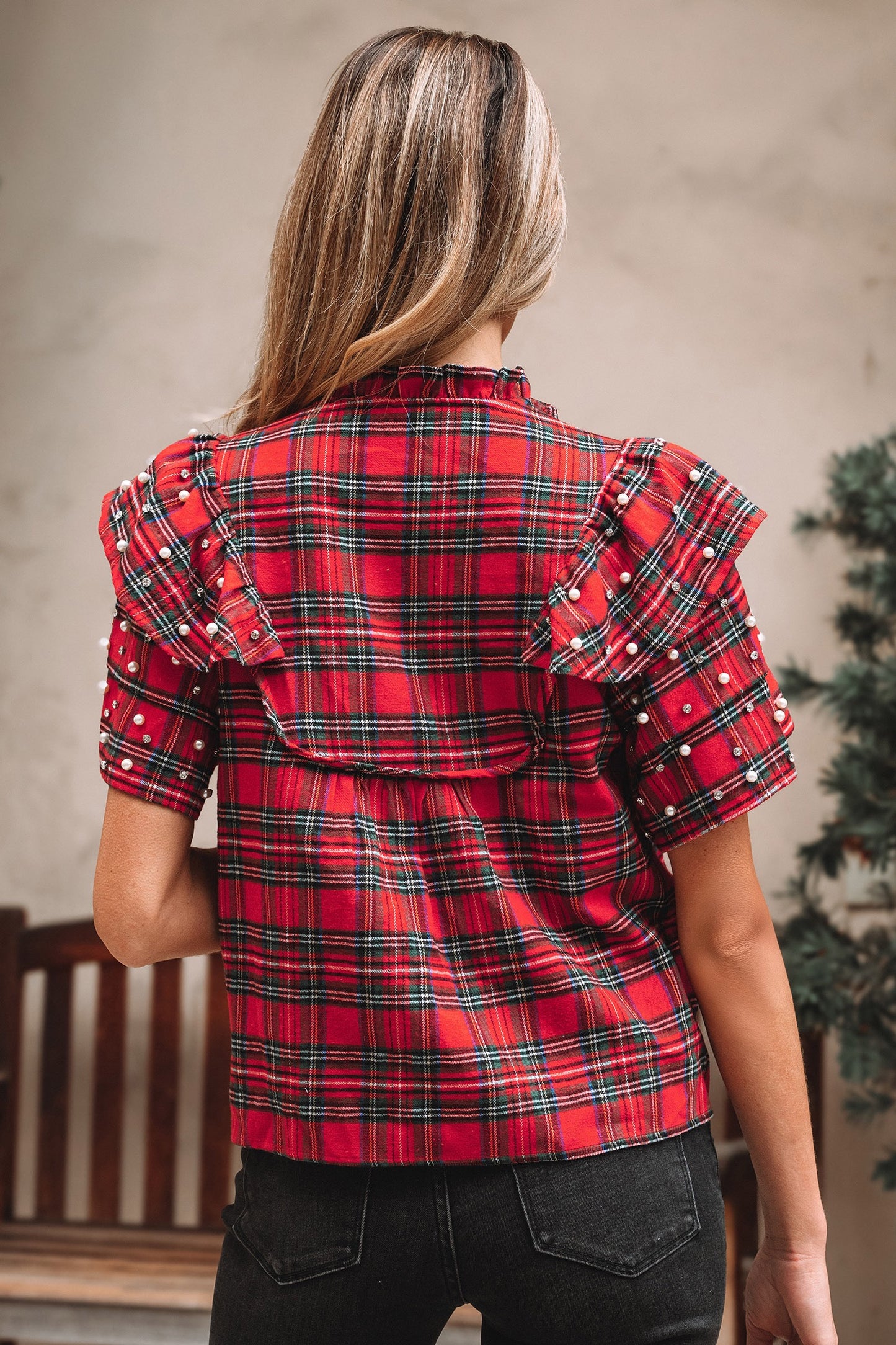 Red Plaid Pearl Embellished Ruffle Sleeve Blouse