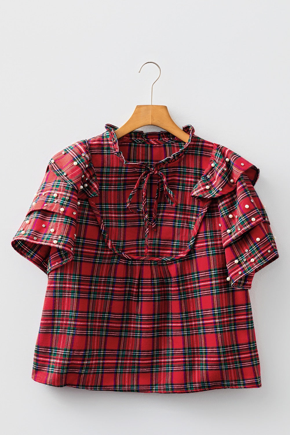 Red Plaid Pearl Embellished Ruffle Sleeve Blouse