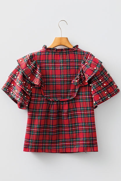 Red Plaid Pearl Embellished Ruffle Sleeve Blouse