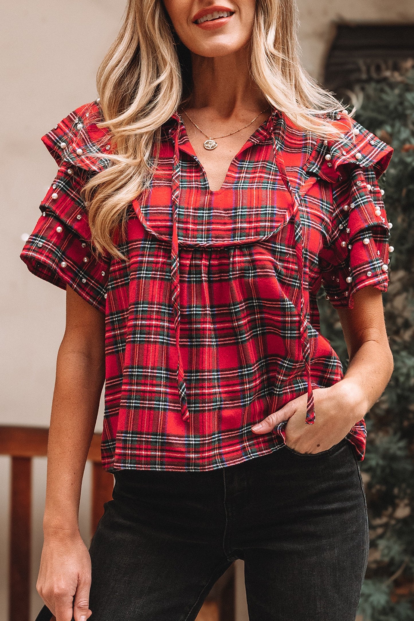 Red Plaid Pearl Embellished Ruffle Sleeve Blouse