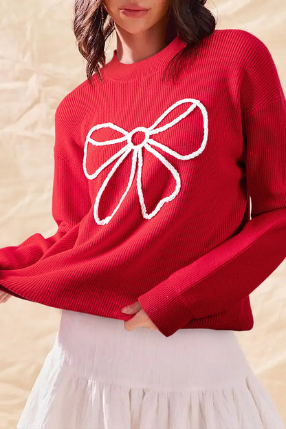 Red Bow Embroidered Ribbed Sweater