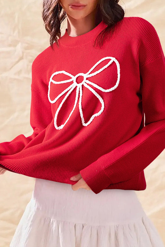 Red Bow Embroidered Ribbed Sweater