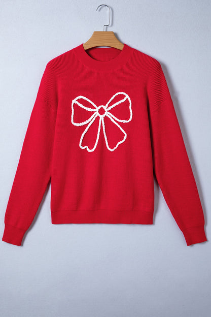 Red Bow Embroidered Ribbed Sweater