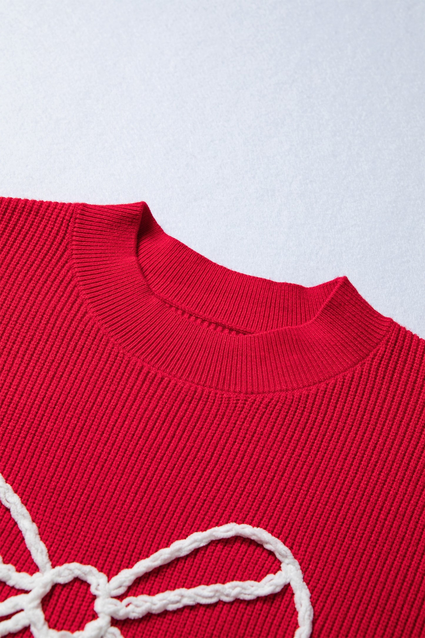 Red Bow Embroidered Ribbed Sweater