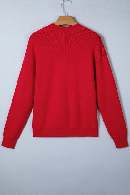 Red Bow Embroidered Ribbed Sweater