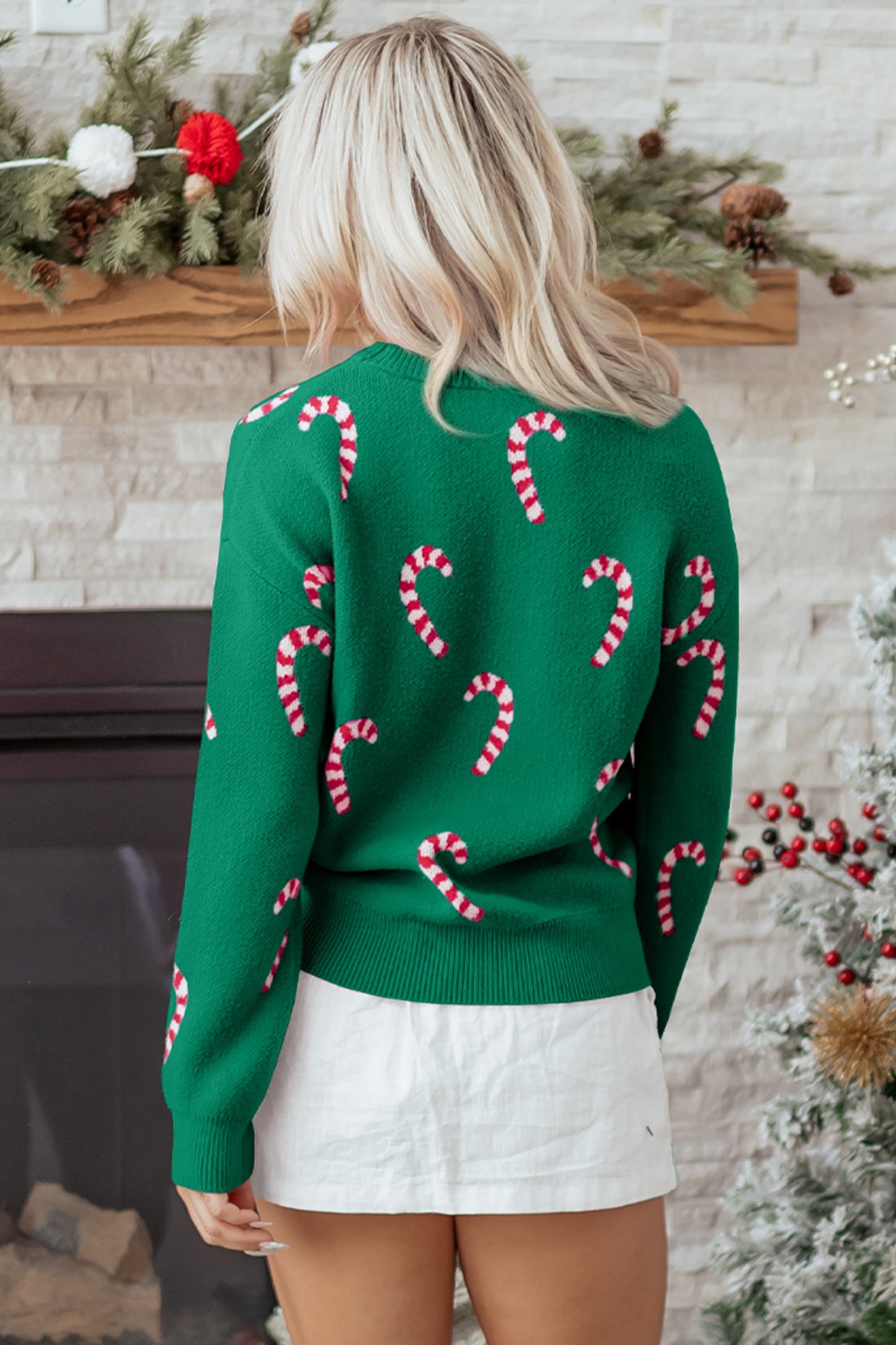 Green Christmas Candy Cane Drop Shoulder Sweater