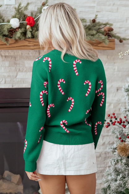 Green Christmas Candy Cane Drop Shoulder Sweater