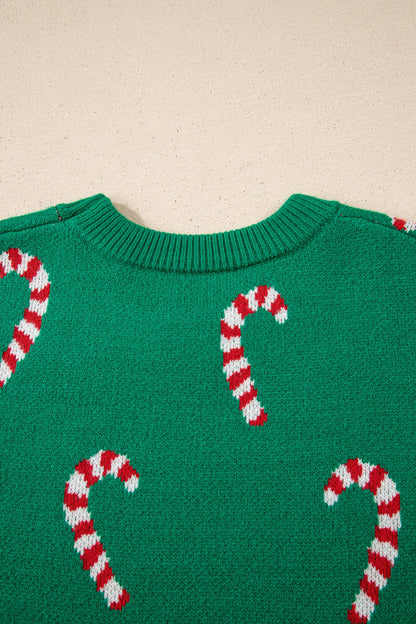 Green Christmas Candy Cane Drop Shoulder Sweater