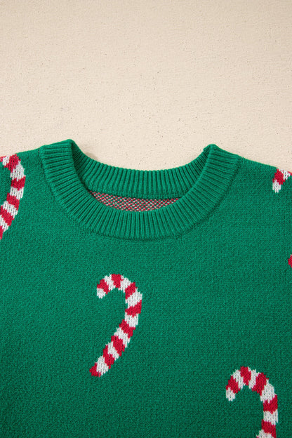 Green Christmas Candy Cane Drop Shoulder Sweater