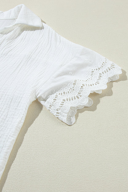 White Crinkled Lace Sleeve V Neck Blouse