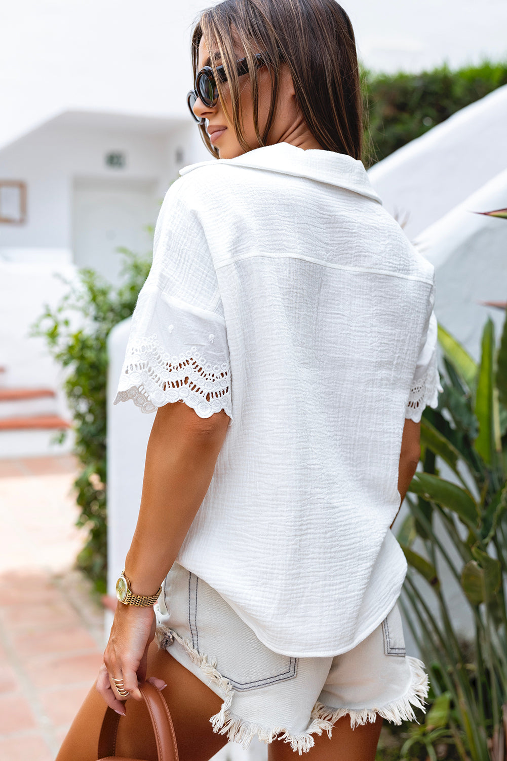 White Crinkled Lace Sleeve V Neck Blouse