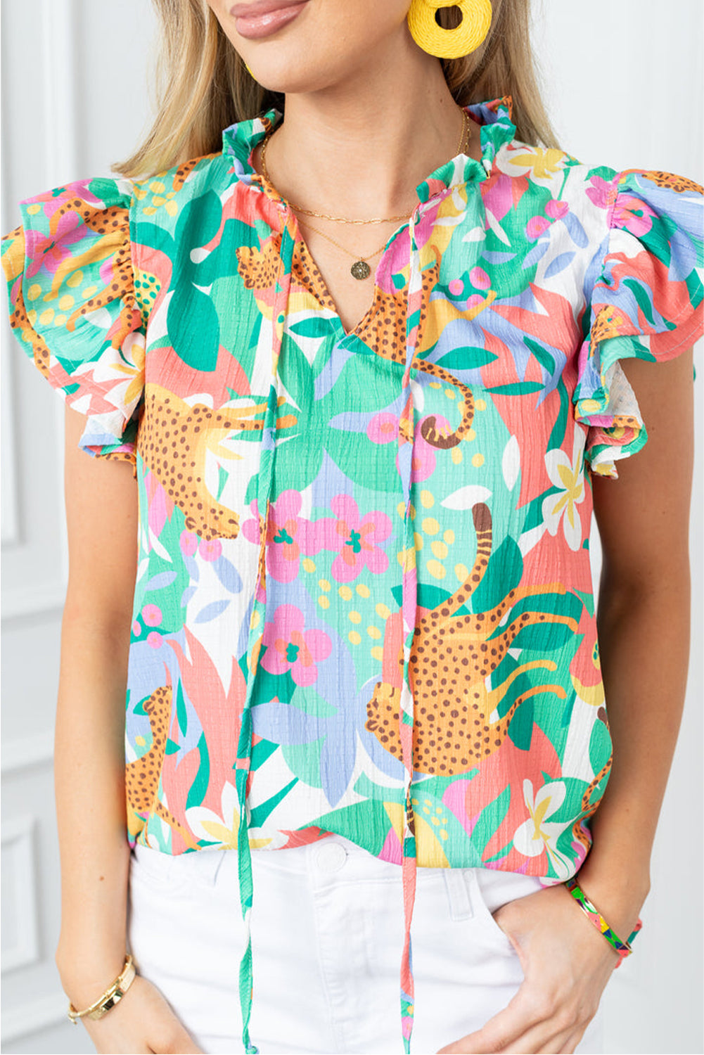 Green Ruffle Tie Split Neck Summer Floral Blouse