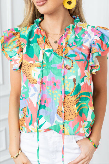Green Ruffle Tie Split Neck Summer Floral Blouse