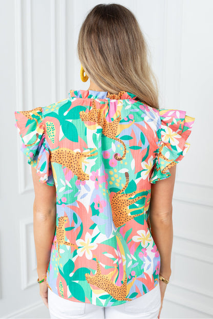 Green Ruffle Tie Split Neck Summer Floral Blouse