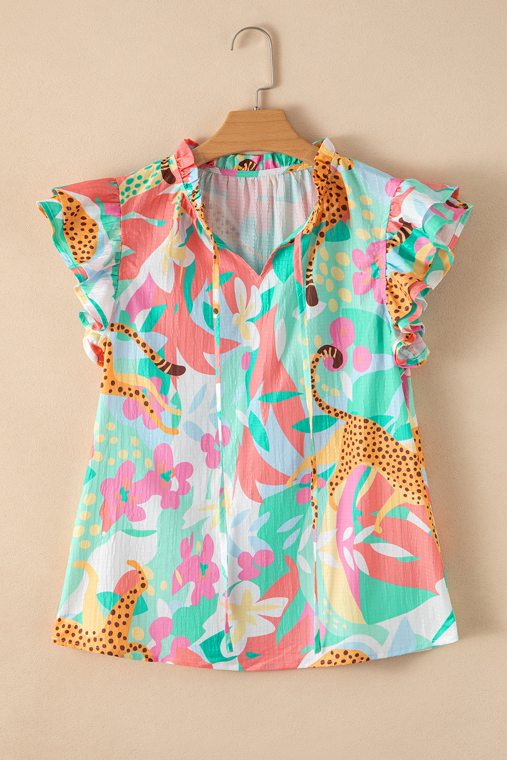 Green Ruffle Tie Split Neck Summer Floral Blouse