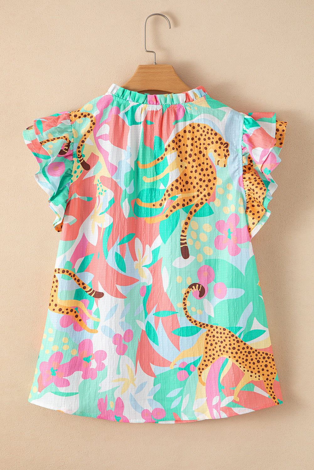 Green Ruffle Tie Split Neck Summer Floral Blouse