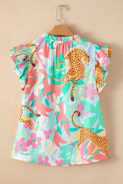 Green Ruffle Tie Split Neck Summer Floral Blouse