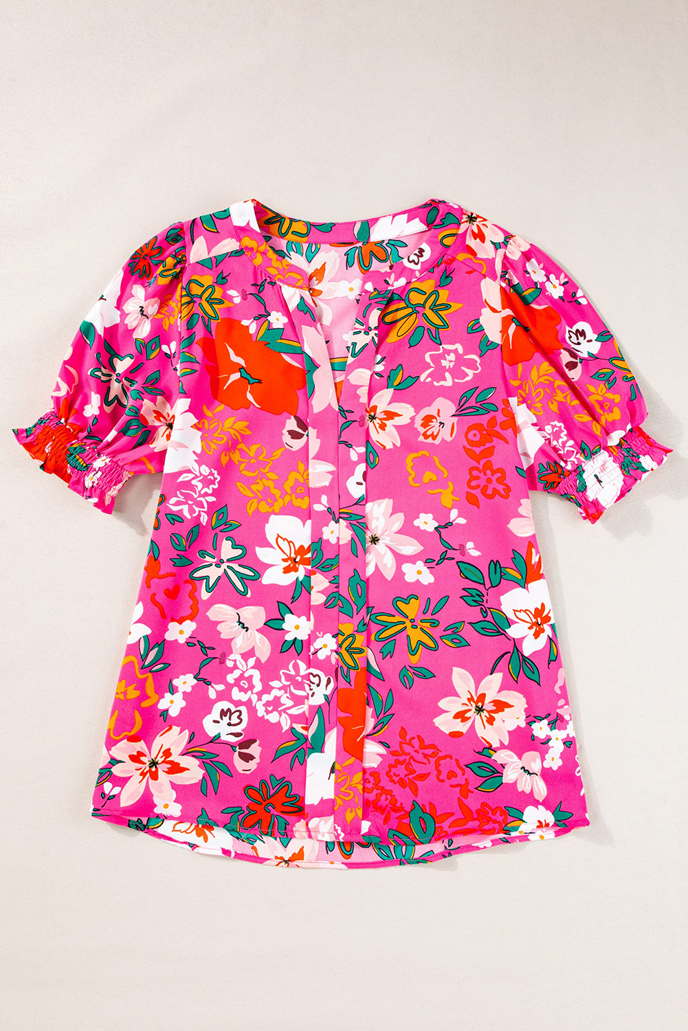 Pink Floral Short Sleeve Smocked Blouse