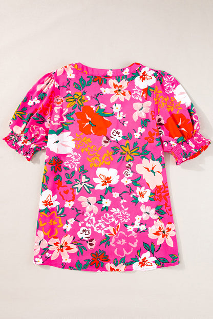 Pink Floral Short Sleeve Smocked Blouse