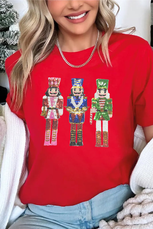 Red Sequined Holiday Nutcracker Short Sleeve Top