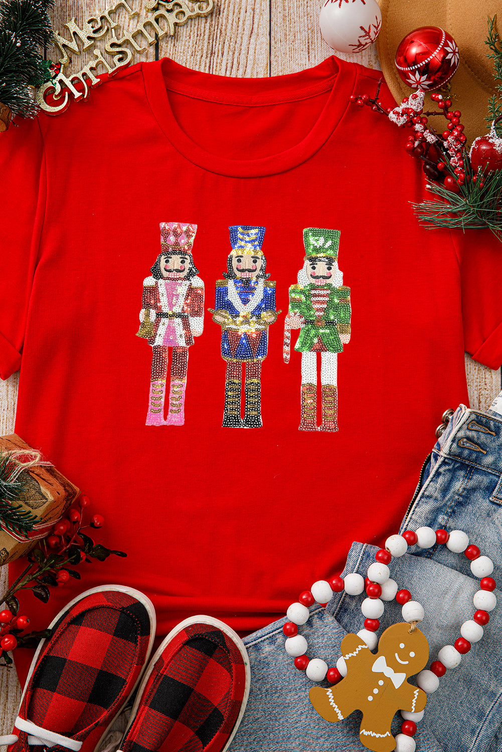 Red Sequined Holiday Nutcracker Short Sleeve Top