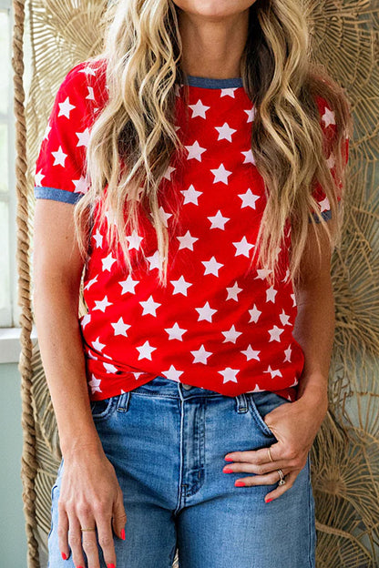 Red Stars Print Colorblock Binding Tape Collar Cuff Top