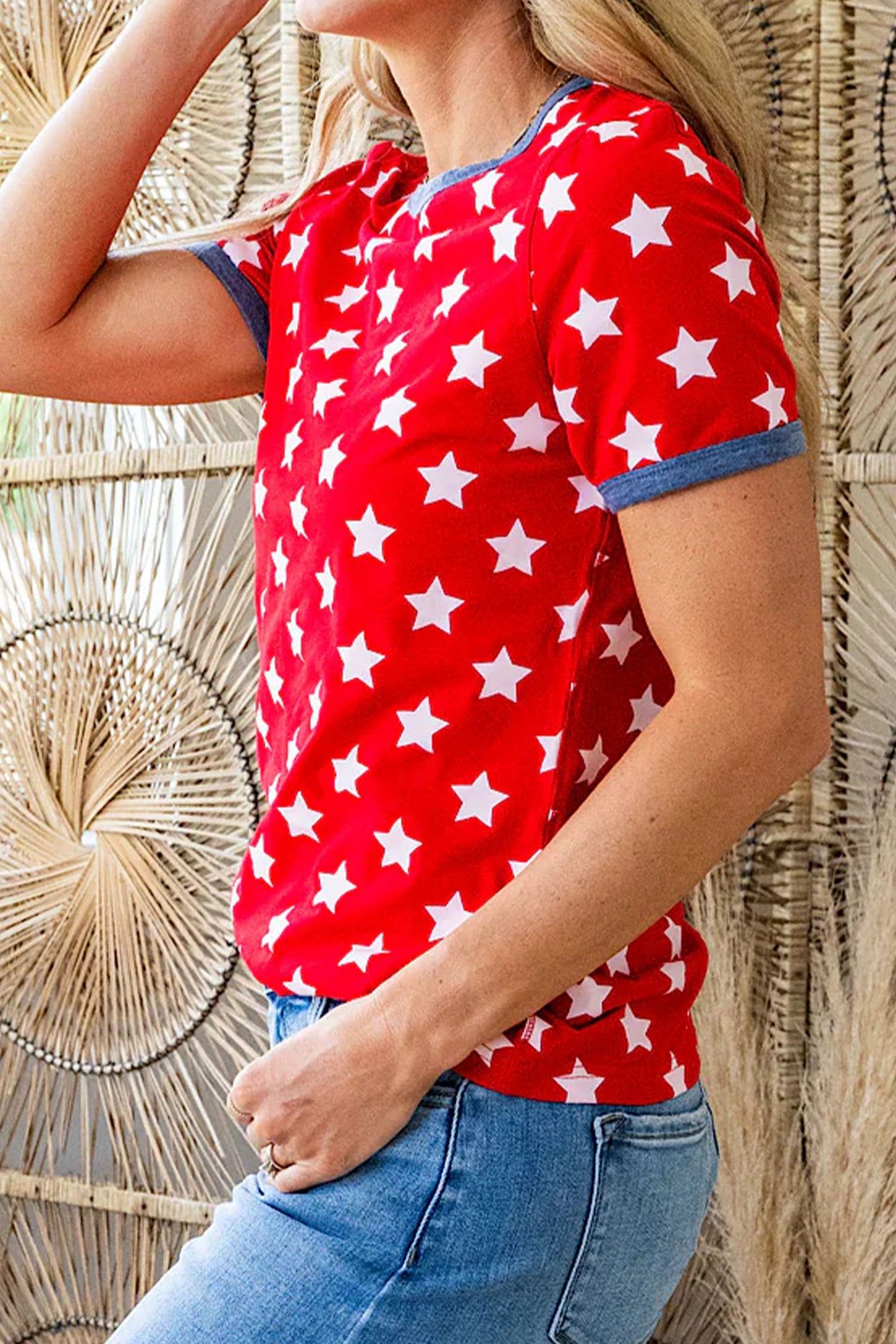 Red Stars Print Colorblock Binding Tape Collar Cuff Top