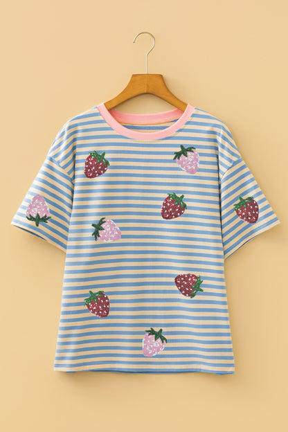 Sky Blue Stripe Sequin Strawberry Contrast Trim Round Neck Tee