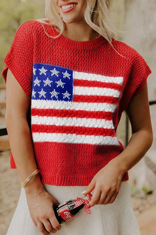 Red Flag Graphic Short Sleeve Sweater Top
