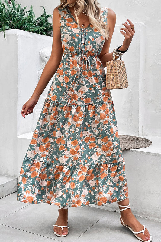 Green Floral Print V Neck Tie Waist Sleeveless Long Dress