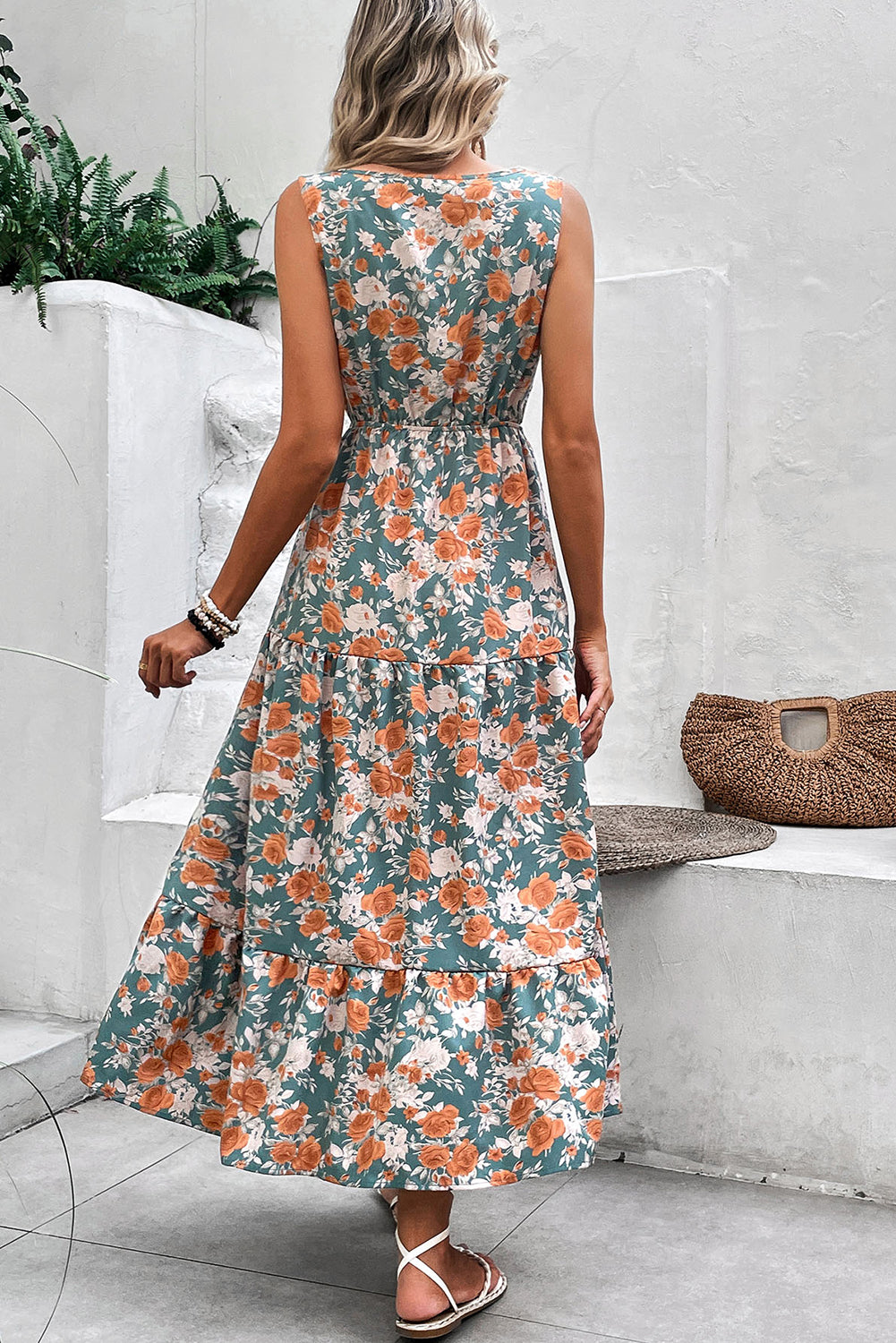 Green Floral Print V Neck Tie Waist Sleeveless Long Dress
