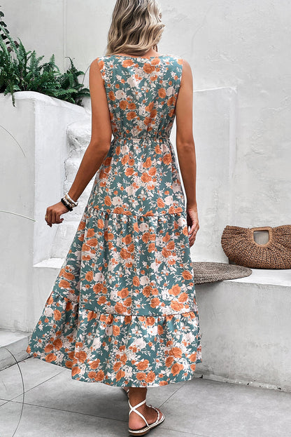 Green Floral Print V Neck Tie Waist Sleeveless Long Dress
