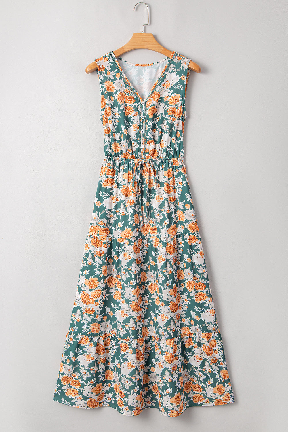 Green Floral Print V Neck Tie Waist Sleeveless Long Dress