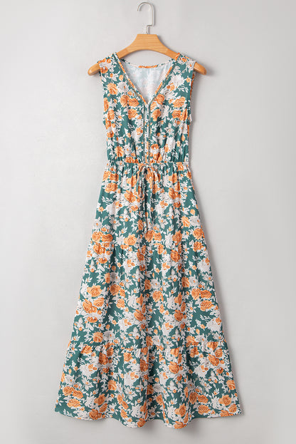 Green Floral Print V Neck Tie Waist Sleeveless Long Dress