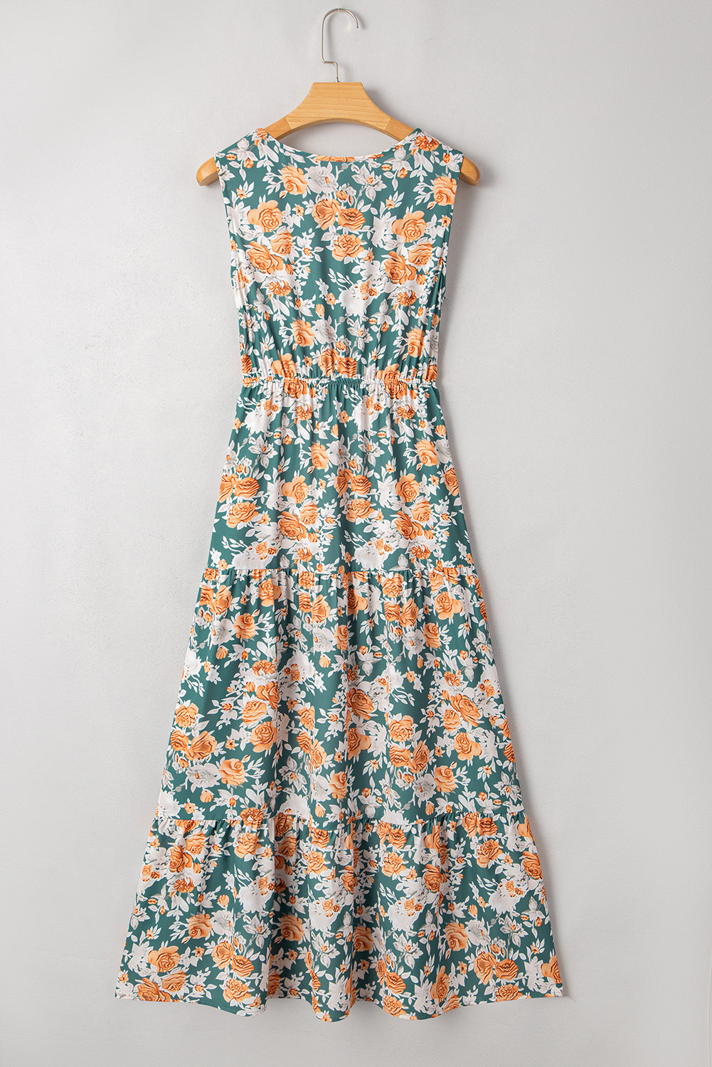 Green Floral Print V Neck Tie Waist Sleeveless Long Dress