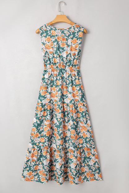 Green Floral Print V Neck Tie Waist Sleeveless Long Dress