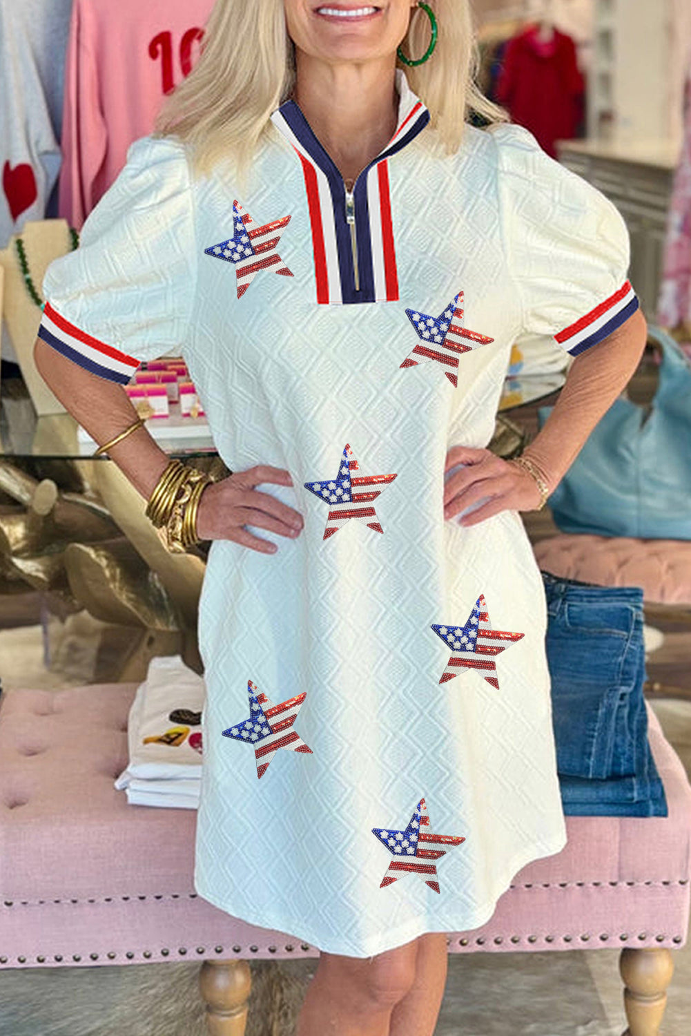 White Sequined USA Flag Star Patched Textured Collared T Shirt Dress