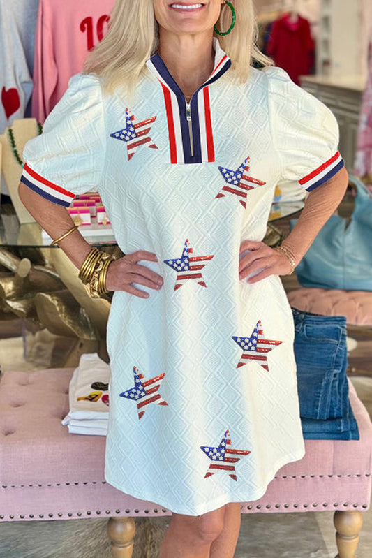 White Sequined USA Flag Star Patched Textured Collared T Shirt Dress