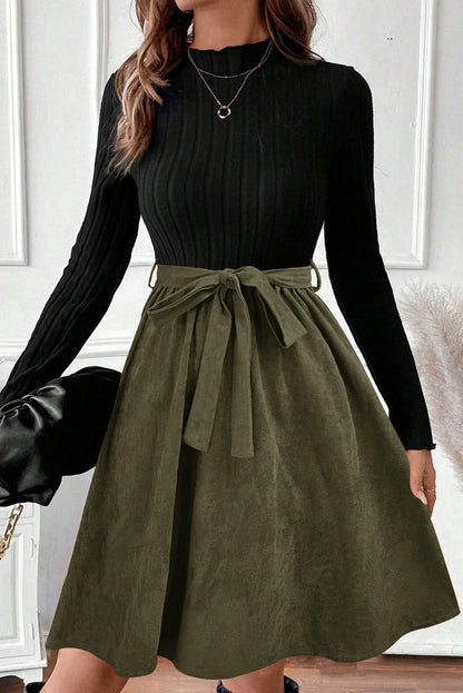 Black Ribbed Dress w/Flared Patchwork Skirt