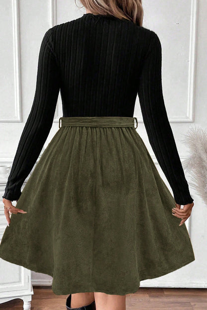 Black Ribbed Dress w/Flared Patchwork Skirt