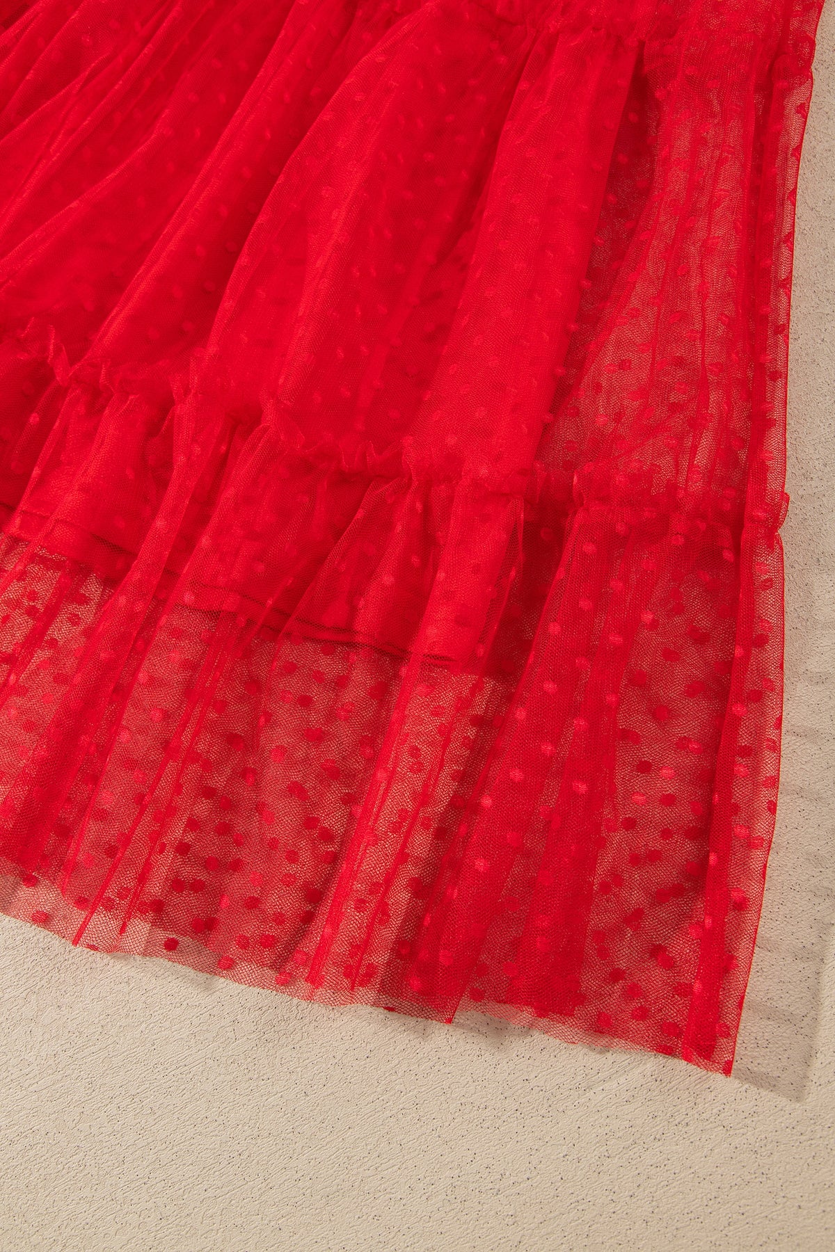 Red Tiered Tulle Smocked Puff Sleeve Dress