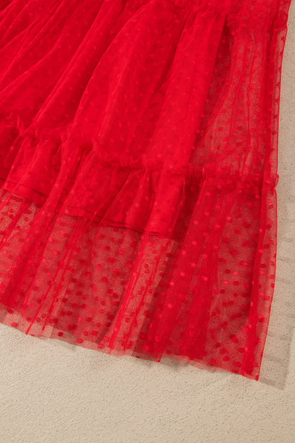 Red Tiered Tulle Smocked Puff Sleeve Dress