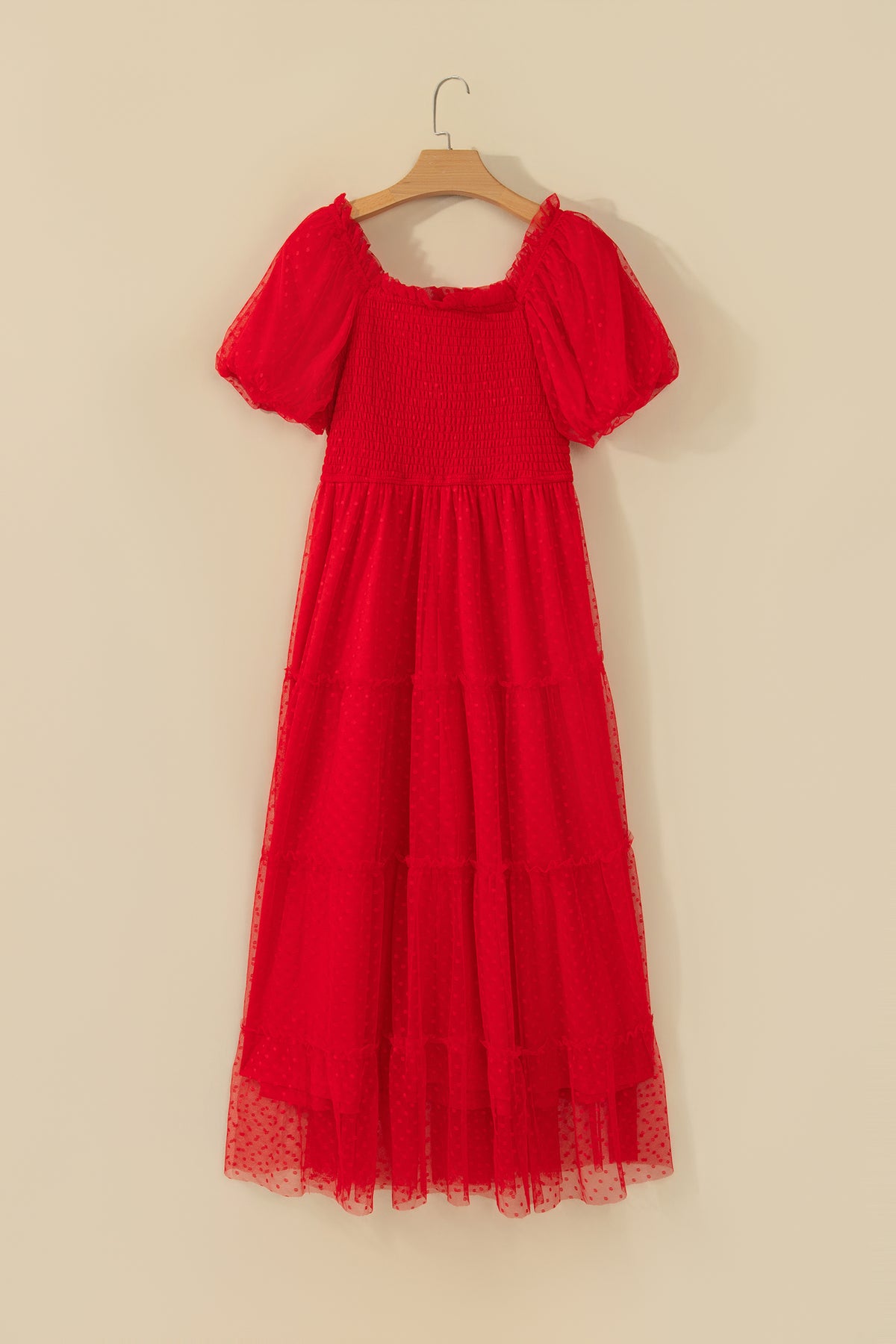 Red Tiered Tulle Smocked Puff Sleeve Dress