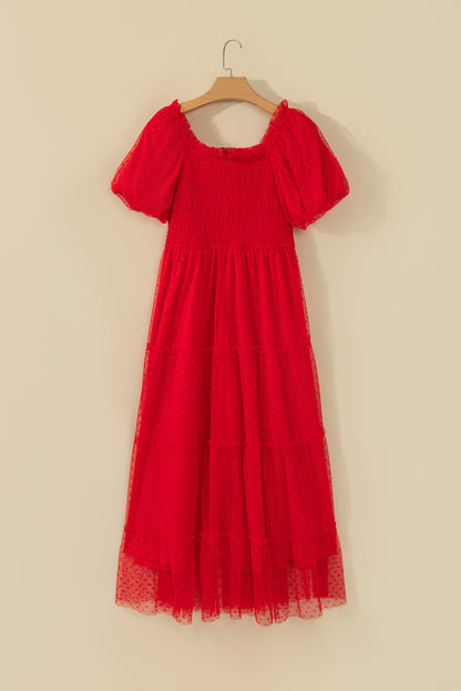 Red Tiered Tulle Smocked Puff Sleeve Dress
