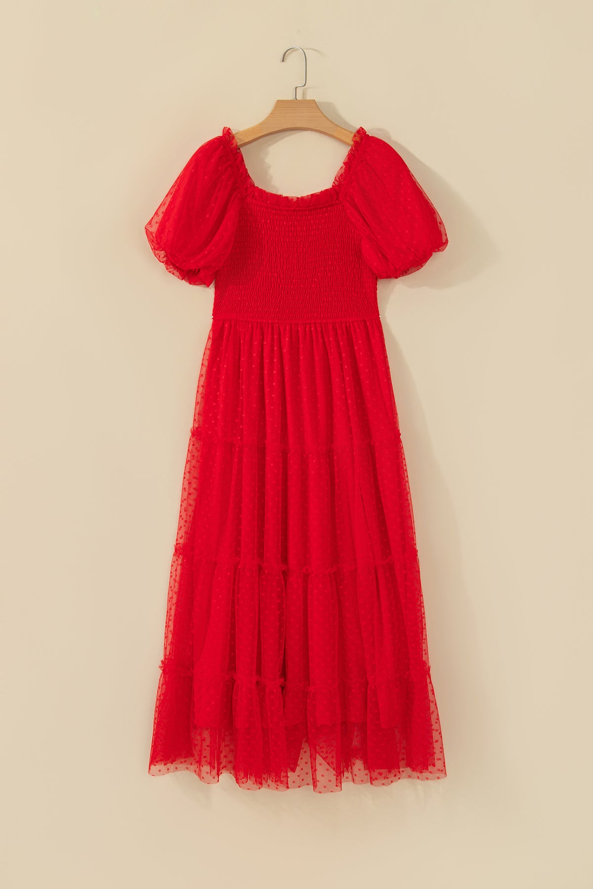Red Tiered Tulle Smocked Puff Sleeve Dress
