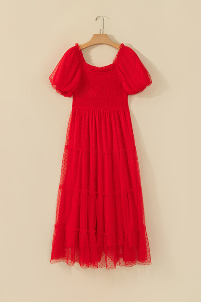 Red Tiered Tulle Smocked Puff Sleeve Dress