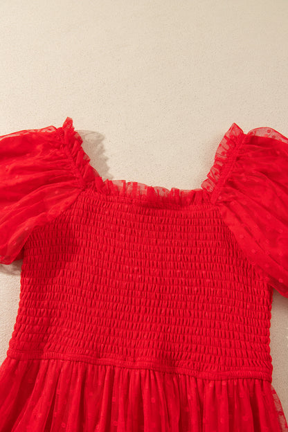 Red Tiered Tulle Smocked Puff Sleeve Dress