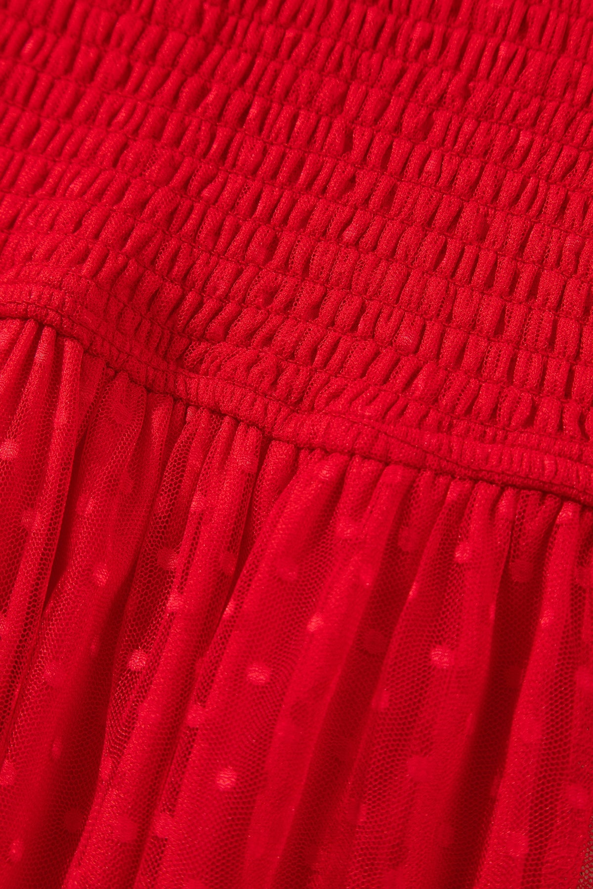 Red Tiered Tulle Smocked Puff Sleeve Dress